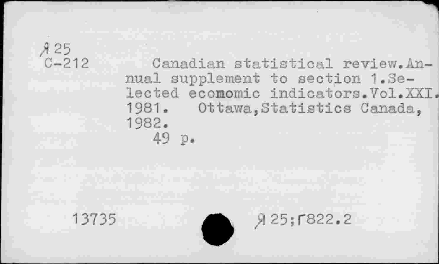 ﻿,1 25
C-212
Canadian statistical review.Annual supplement to section 1.Selected economic indicators.Vol.XXI,
1981.	Ottawa,Statistics Canada,
1982.
49 p.
13735
25;T822.2